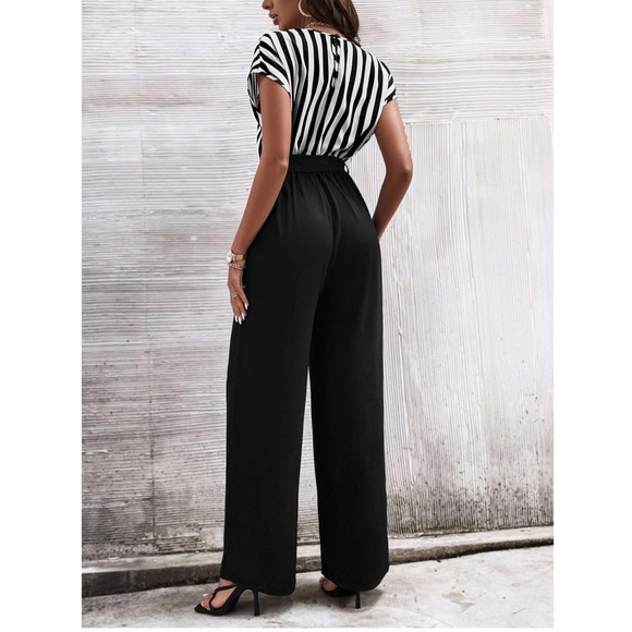 Striped Top V-Neck Surplice Short Sleeve White Black Wide Leg Jumpsuit - Picture 3 of 14